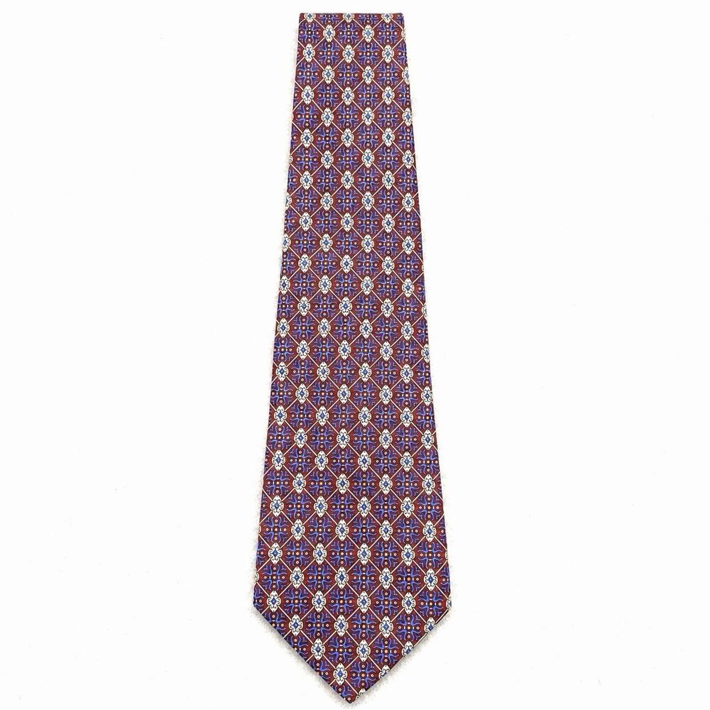 Lanvin Paris Silk Necktie Burgundy Blue Geometric Medallion Luxury France Italy